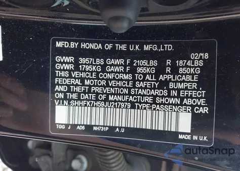 2018 Honda Civic Ex из США, поврежденный, VIN SHHFK7H59JU217979